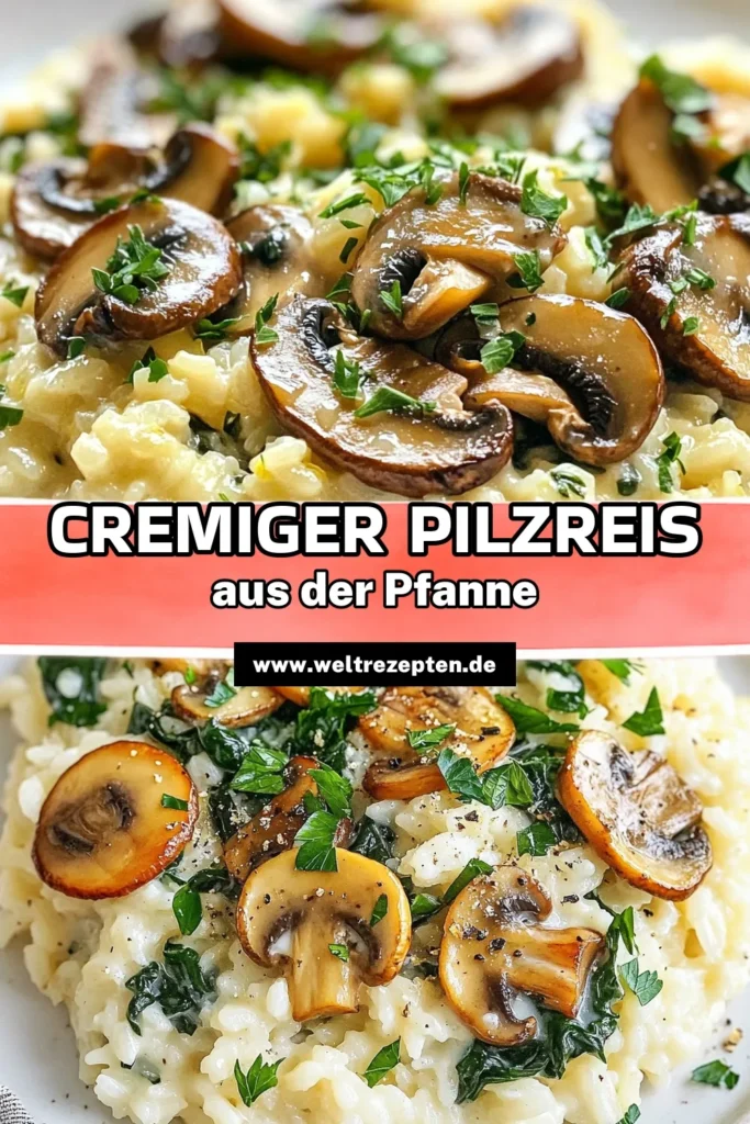 Entdecke dieses leckere und einfache Pfannenrezept mit Pilzen für cremigen Pilzreis! In nur 30 Minuten zauberst du ein köstliches Arborio Reis Rezept mit Gemüsebrühe, frischem Spinat und einer cremigen Note durch Frischkäse. Perfekt für ein schnelles Abendessen! Lass dich inspirieren und speichere dieses Rezept für dein nächstes Gericht. #cremigerPilzreis #ArborioReisRezept #PfannenrezeptMitPilzen #SpinatPilzrisotto