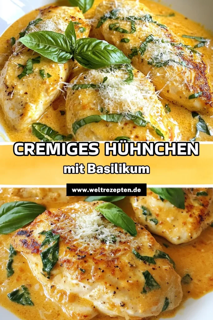 Entdecken Sie dieses cremige Tomaten-Basilikum-Hühnchen, das einfach zuzubereiten ist und voller Geschmack steckt! Dieses Hühnchen Rezept mit Basilikum vereint saftige Hähnchenbrustfilets mit einer köstlichen Tomatensauce und Sahne für ein italienisches Hühnchen mit Sahne, das jeder lieben wird. Perfekt für ein schnelles Abendessen! Probieren Sie es aus und speichern Sie das Rezept für Ihre nächste Mahlzeit. #HühnchenRezept #Kochinspiration #ItalienischesEssen #SchnelleRezepte