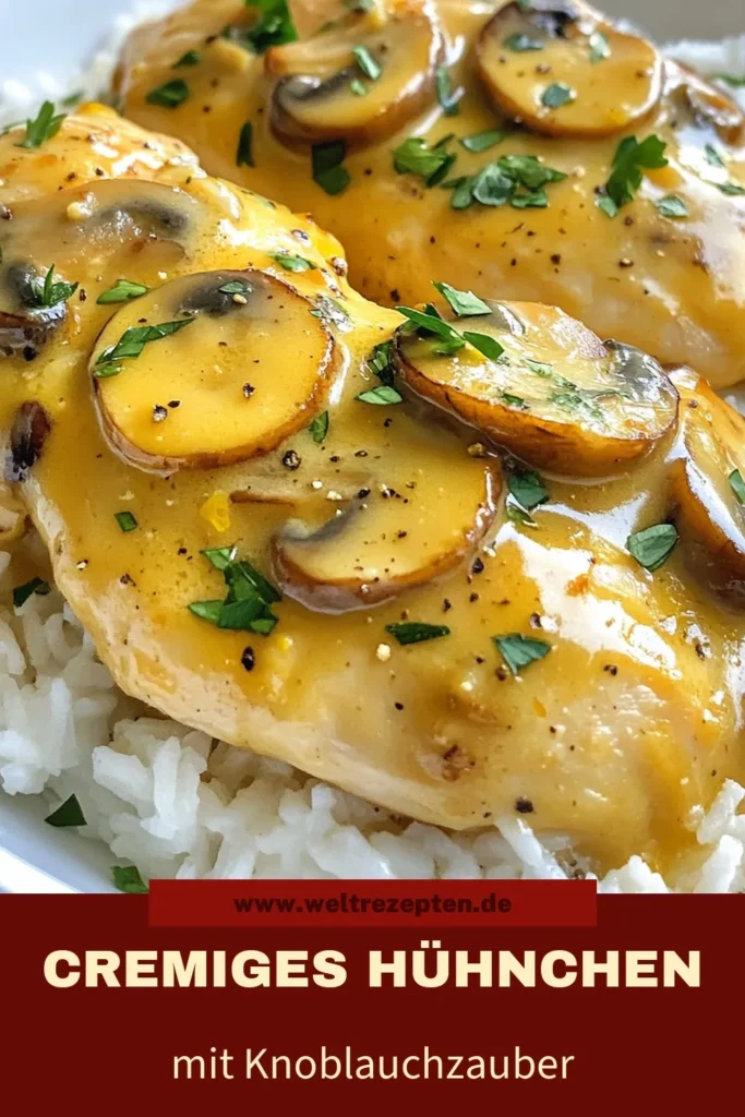 Entdecken Sie das Rezept für cremiges Knoblauch-Pilz-Hühnchen! Dieses Hähnchenbrustfilet Rezept kombiniert zarte Hähnchenstücke mit einer einfachen Pilz-Hühnchen Sauce, die sowohl reichhaltig als auch aromatisch ist. Perfekt für ein schnelles Abendessen, bietet dieses Knoblauch Pilzgericht jede Menge Geschmack und ist in nur 30 Minuten zubereitet. Speichern Sie das Rezept und probieren Sie es aus! #CremigesKnoblauchPilzHühnchen #HähnchenbrustfiletRezept #CremigeHühnerrezepte #KnoblauchPilzgericht