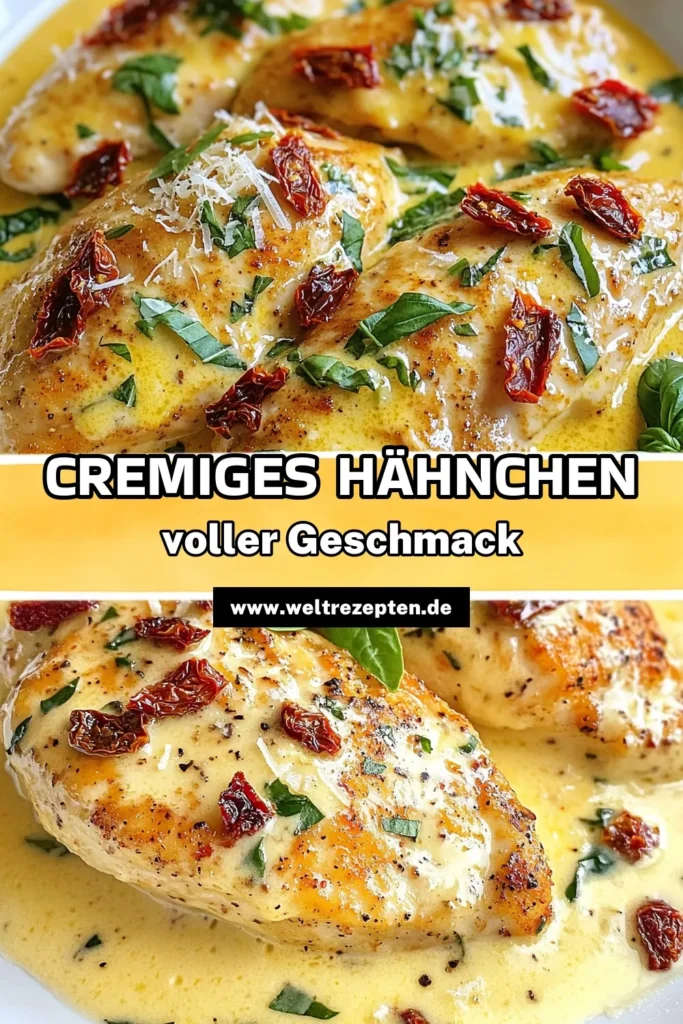 Entdecke unser cremiges Hähnchen Rezept, das mit getrockneten Tomaten und einer unwiderstehlichen Sahnesauce begeistert! Dieses einfache Hähnchenrezept bringt das italienische Hähnchengericht direkt auf deinen Tisch. Perfekt für ein schnelles Abendessen oder besondere Anlässe. Klicke auf den PIN, um das vollständige Rezept zu sehen und genieße ein köstliches, cremiges Hähnchen mit getrockneten Tomaten! #HähnchenmitgetrocknetenTomaten #SahnesauceHähnchen #einfacheHähnchenrezepte #italienischesHähnchengericht