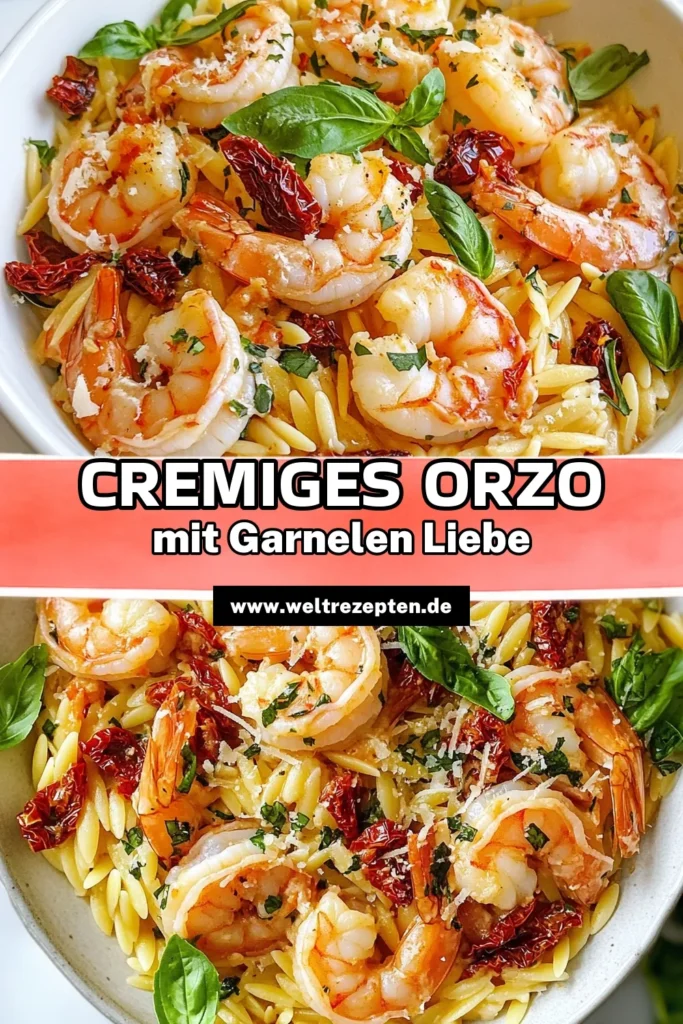 Entdecken Sie dieses köstliche cremige Orzo-Rezept mit Garnelen und getrockneten Tomaten! Dieses einfache Garnelengericht kombiniert perfekt Orzo-Pasta mit saftigen Garnelen und einer reichhaltigen, cremigen Sauce. Ideal für ein schnelles Abendessen. Probieren Sie es aus und genießen Sie den Geschmack! Teilen Sie es und speichern Sie es für später! #OrzoMitGarnelen #CremigesOrzoRezept #GarnelenUndGetrockneteTomaten #EinfacheGarnelengerichte