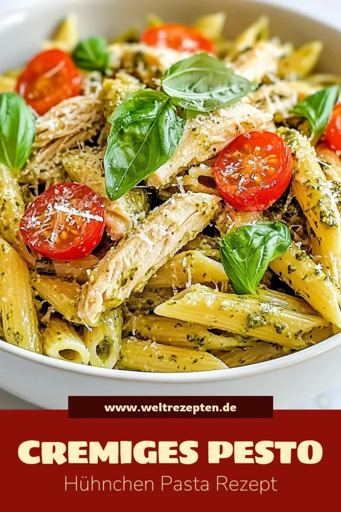 Entdecke unser cremiges Pesto Hühnchen Penne Rezept, das perfekt für schnelle Pasta Gerichte ist! Diese cremige Pesto Pasta mit zerkleinertem Hühnchen und frischen Cherrytomaten ist nicht nur einfach zuzubereiten, sondern begeistert auch jeden Gaumen. Probier unser Basilikum Pesto Rezept aus und genieße ein köstliches, einfaches Nudelgericht. Speichere das Rezept für mehr Pasta-Inspiration! #cremigePestoPasta #HühnchenPenneRezept #schnellePastaGerichte #BasilikumPestoRezept