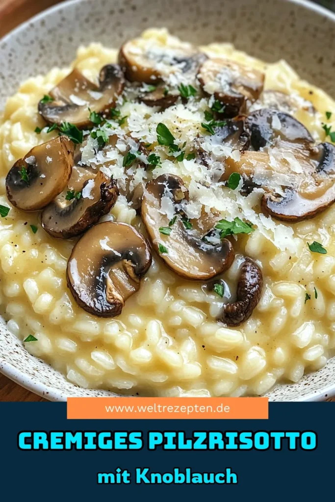 Entdecken Sie das köstliche Knoblauch Butter Pilzrisotto mit frischen Pilzen in diesem cremigen Risotto Rezept. Verwenden Sie Arborio Reis für ein perfektes Pilzgericht, das Ihre vegetarischen Gäste begeistern wird. Mit erdigem Geschmack und einer Portion Parmesan wird dieses Risotto zum Highlight jeder Mahlzeit. Probieren Sie es aus und genießen Sie die Aromen! Speichern Sie dieses Rezept für Ihr nächstes Abendessen! #Risotto #Vegetarisch #Pilzgericht #Kochinspiration