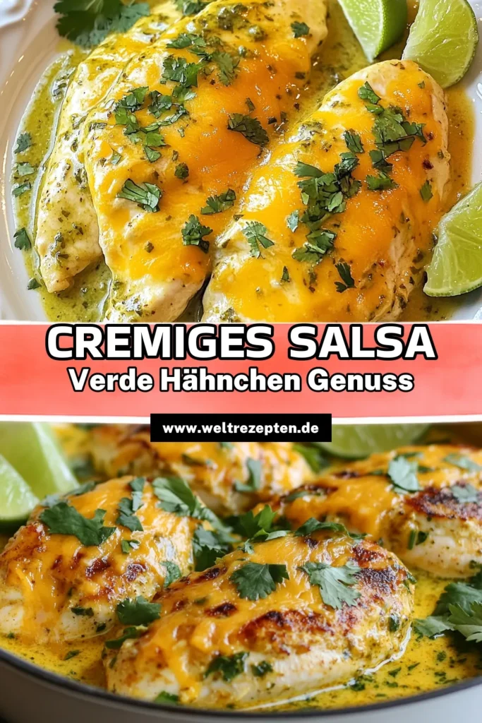 Entdecken Sie unser Rezept für cremige Salsa Verde Hähnchen! Diese einfache Hähnchenrezepte mit Hähnchenbrustfilets und Salsa Verde sind perfekt für ein schnelles, mexikanisches Hähnchengericht. Mit Frischkäse und Cheddar-Käse überzeugt dieses Gericht jeden. Bereiten Sie es in nur 45 Minuten zu. Speichern Sie dieses köstliche Frischkäse Hähnchen Rezept für Ihr nächstes Dinner! #CremigeSalsaVerdeHähnchen #Hähnchenrezepte #MexikanischesEssen #LeckeresEssen