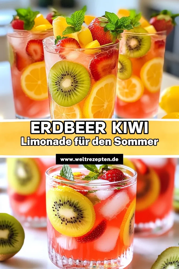 Entdecken Sie unser erfrischendes Erdbeer-Kiwi-Limonade Rezept, perfekt für heiße Sommertage! Lernen Sie, wie Sie frische Limonade selber machen und genießen Sie alkoholfreie Cocktails mit Früchten. Dieses einfache Erfrischungsgetränk ist ideal für Ihre Sommergetränke Rezepte. Erfreuen Sie sich mit Freunden an diesem fruchtigen Genuss. Speichern Sie das Rezept für später und teilen Sie die Freude! #ErdbeerKiwiLimonade #Sommergetränke #Alkoholfrei #Erfrischungsgetränke