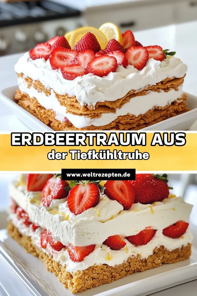 Genießen Sie diesen erfrischenden Erdbeer-Shortcake als köstliches Sommerdessert mit Erdbeeren! Unser Eisboxkuchen Rezept ist perfekt für warme Tage und lässt sich ohne Backen zubereiten. Verfeinert mit griechischem Joghurt, Schlagsahne und frischen Erdbeeren ist dieser schnelle Dessert mit Joghurt eine wahre Gaumenfreude. Speichern Sie das Rezept und überraschen Sie Ihre Familie! #ErdbeerShortcake #EisboxkuchenRezept #Erdbeerkuchen #Sommerdessert