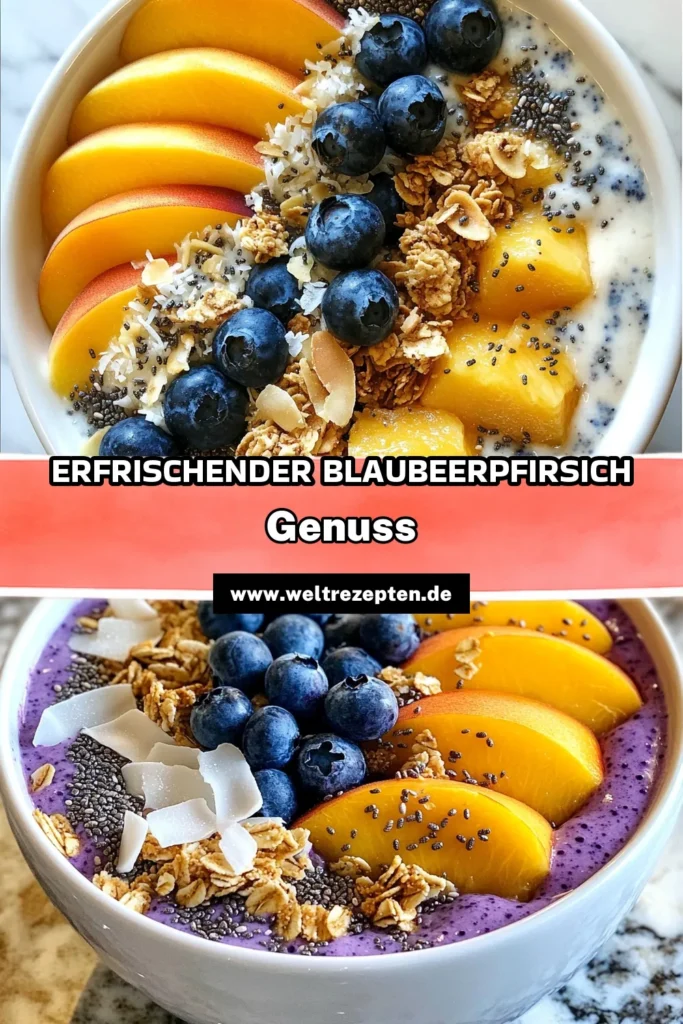 Entdecke die köstliche Blaubeer-Pfirsich-Smoothie-Bowl! Dieses einfache Smoothie-Rezept ist perfekt für ein gesundes Frühstück mit Früchten. Verwende pflanzliche Joghurt-Alternativen und genieße die erfrischenden Aromen. Mit nur wenigen Zutaten kannst du in nur 10 Minuten eine gesunde Smoothie-Bowl zaubern. Probiere es aus und teile deine Kreation! #BlaubeerPfirsichSmoothieBowl #GesundeSmoothieBowl #Frühstücksrezepte #EinfacheSmoothieRezepte