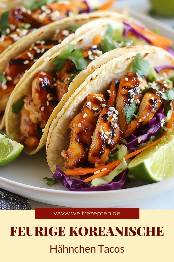 Entdecke das Geschmackserlebnis mit diesen koreanischen Hähnchen Tacos! Dieses einfache Gochujang Rezept vereint scharfe Tacos mit zartem Hähnchen und einer asiatischen Taco Füllung, die begeistern wird. Perfekt für dein nächstes Dinner oder ein schnelles Mittagessen! Probiere es jetzt aus und genieße die Aromen Koreas. Speichere dieses Rezept für leckere Hähnchentaquitos! #KoreanischeHähnchenTacos #GochujangRezept #ScharfeTacos #Hähnchentaquitos