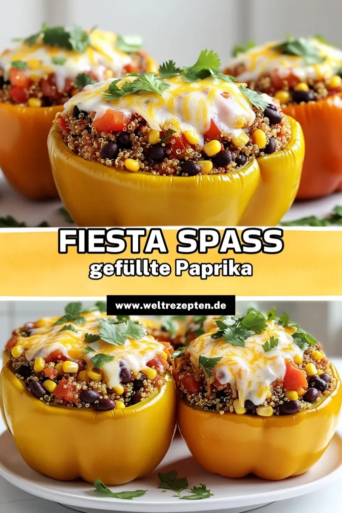 Genießen Sie ein Fest der Aromen mit diesen köstlichen Fiesta-Gefüllten Paprika aus der Heißluftfritteuse! Diese einfache und gesunde Rezept kombiniert bunte Paprika mit einer leckeren Füllung aus Quinoa, schwarzen Bohnen, frischem Mais und Käse, perfekt für jedes Abendessen oder Ihre nächste Party. Entdecken Sie, wie Sie mit nur wenigen Schritten eine bunte, nährstoffreiche Mahlzeit zaubern können! Klicken Sie hier für das vollständige Rezept! #gefülltepaprika #heißluftfritteuse #gesundeernährung #quinoa
