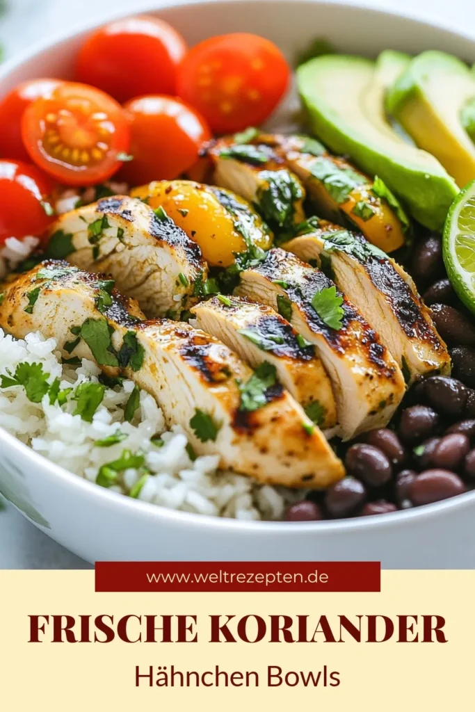 Entdecken Sie unser köstliches Rezept für Cilantro Lime Hähnchen-Reis-Bowls! Diese gesunden Reis-Bowls sind perfekt für ein einfaches Dinner-Rezept und voller frischer Aromen. Mit saftigem Koriander Hähnchen, Jasminreis, Avocado und schwarzen Bohnen sind sie eine ideale Wahl für eine schnelle Mahlzeit. Probieren Sie dieses Koriander Hähnchen Rezept aus und bringen Sie Abwechslung in Ihre Küche! Speichern Sie das Rezept für später! #CilantroLimeHähnchen #HähnchenReisBowls #GesundeReisBowls #EinfachesDinnerRezept