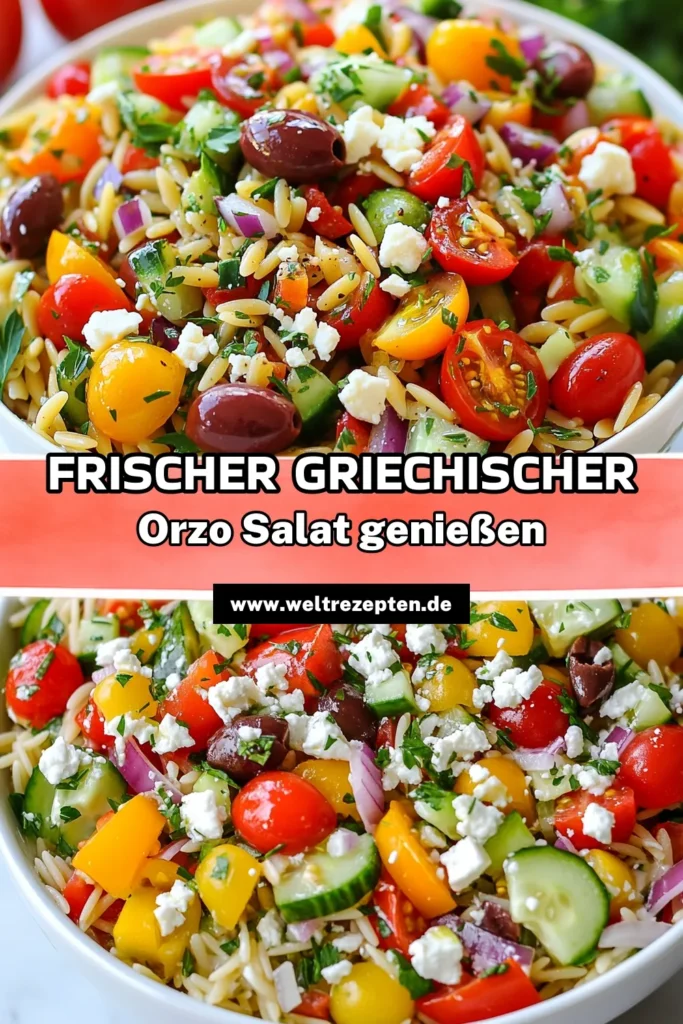 Entdecke unser köstliches Rezept für einen Griechischen Orzo-Salat, ideal für den Sommer! Dieser Gemüse-Orzo-Salat vereint frische Zutaten wie Kirschtomaten, Gurke und Feta und eignet sich perfekt als gesunde Beilage mit Gemüse. Probiere dieses erfrischende Sommerrezept aus und genieße den Geschmack Griechenlands. Lass dir diesen kalten Salat mit Feta nicht entgehen - einfach nachmachen! #GriechischerOrzoSalat #GemüseOrzoSalatRezept #KalteSalateMitFeta #ErfrischendeSommerrezepte