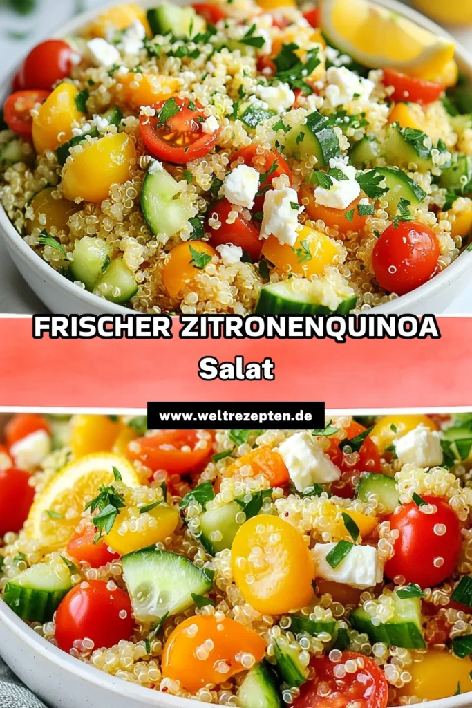 Entdecke unser Rezept für Zitronen-Knoblauch-Quinoa, einen gesunden Quinoa-Salat, der perfekt für jeden Anlass ist. Dieser vegane Zitronensalat ist eiweißreich und nährt deinen Körper auf köstliche Weise. Mit frischen Zutaten und einem einfachen Dressing ist er in nur 30 Minuten zubereitet. Probiere es jetzt aus und bereichere deine Sammlung einfacher Salatrezepte! Speichere es für später und lass dich inspirieren. #QuinoaSalat #VeganerZitronensalat #GesundeRezepte #EiweißreicherSalat