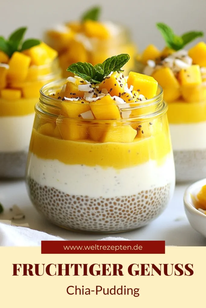 Entdecken Sie unser köstliches Mango Kokosnuss Chia-Pudding Rezept, das perfekt für einen gesunden Nachtisch mit Mango ist! Dieser vegane Pudding ist einfach zuzubereiten und kombiniert die cremige Textur von Kokosmilch mit nährstoffreichen Chiasamen. Genießen Sie ein erfrischendes Kokosmilch Dessert, das nicht nur lecker, sondern auch nährstoffreich ist. Speichern Sie das Rezept für später! #ChiaPuddingRezept #MangoDessert #VeganePuddingrezepte #KokosmilchDesserts