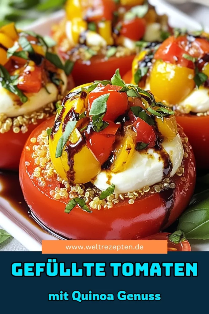 Entdecken Sie unser köstliches Caprese Quinoa Rezept mit gefüllten Tomaten, das perfekt für gesunde Tomatenrezepte geeignet ist. Diese Quinoa gefüllte Gemüse sind nicht nur nahrhaft, sondern auch eine wunderbare vegetarische Vorspeise. Ideal für Ihr nächstes Abendessen oder als Snack! Sparen Sie jetzt und probieren Sie dieses einfache Rezept! #gefüllteTomaten #CapreseQuinoaRezept #gesundeTomatenrezepte #vegetarischeVorspeisen