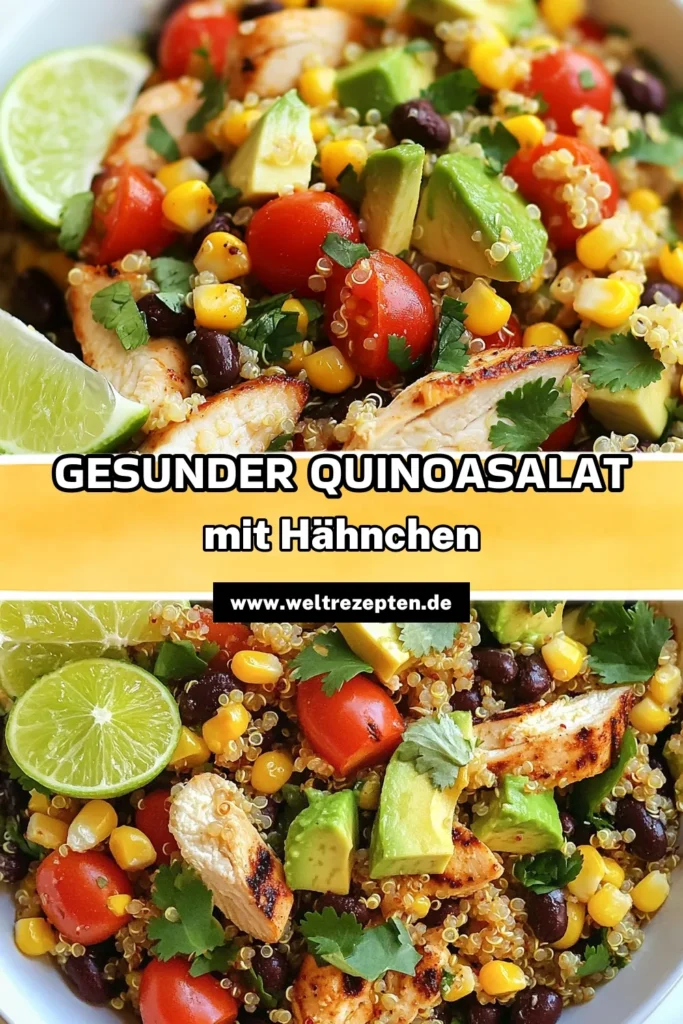 Entdecke den köstlichen südwestlichen Hähnchenquinoa-Salat - ein gesunder Quinoa-Salat, der lecker und nährstoffreich ist! Perfekt für schnelle Salatrezepte, ist dieser proteinreiche Salat vollgepackt mit Avocado, Bohnen und frischem Gemüse. Bereite ihn in nur 30 Minuten zu und genieße ein buntes, gesundes Essen. Probiere es aus und teile dein Ergebnis! #GesundeRezepte #QuinoaSalat #SchnelleRezepte #Salatliebe