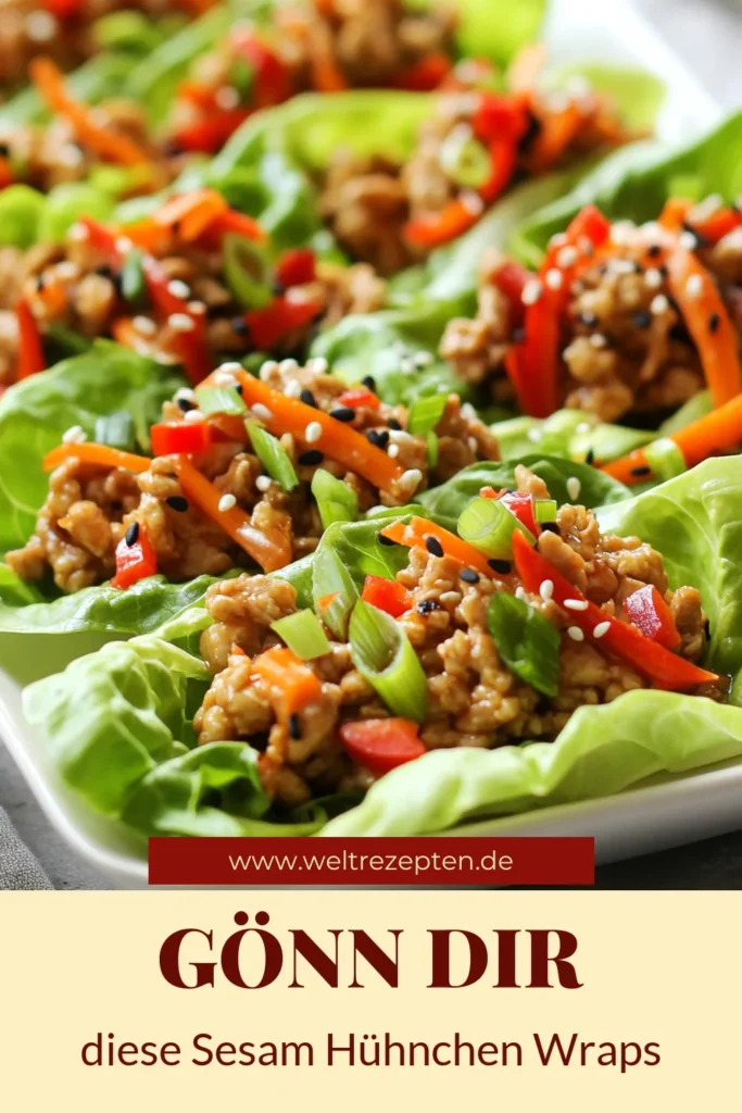 Entdecke das köstliche Rezept für Sesam-Hühnchen-Wraps, die perfekte Mischung aus Geschmack und Gesundheit! Diese gesunden Lettuce-Wraps sind glutenfrei und voller asiatischer Aromen. Ideal als schnelles Abendessen oder Snack! Lerne, wie man Hühnchen mit Sesam zubereitet und genieße die frischen Zutaten in jedem Biss. Probiere es aus und verwandle dein Abendessen. Speichere dieses asiatische Wraps Rezept für deine nächste Mahlzeit! #SesamHühnchenWraps #GesundeWraps #Glutenfrei #AsiatischeKüche