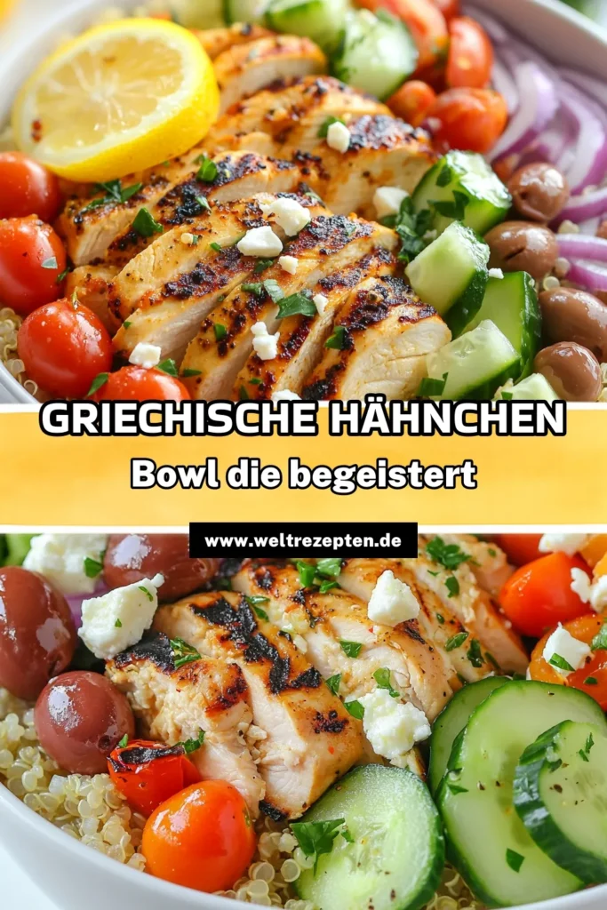 Entdecken Sie die köstlichen Griechischen Hähnchen-Power-Bowls, die eine perfekte Kombination aus gesunder Ernährung und mediterranen Aromen bieten. Dieses Quinoa Rezept mit zartem Hähnchen, frischen Zutaten und leckerem Feta-Käse ist einfach zuzubereiten und sorgt für ein gesundes Mittagessen oder Abendessen. Holen Sie sich Ihr Rezept für diese gesunde Hähnchen Bowl noch heute! #GesundeErnährung #GriechischeKüche #FetaKäse #QuinoaRezept