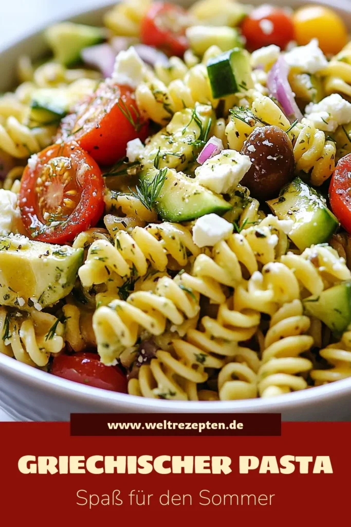 Genießen Sie den köstlichen Griechischen Avocado-Pasta-Salat, ein ideales Rezept für den Sommer! Dieser gesunde Pasta Salat kombiniert Vollkornpasta mit frischen Zutaten wie Avocado, Kirschtomaten und Feta. Perfekt für Grillpartys oder als leichtes Mittagessen, ist dieses vegetarische Gericht einfach zuzubereiten und voller Geschmack. Probieren Sie es aus und speichern Sie es für Ihre nächste Mahlzeit! #GriechischerAvocadoPastaSalat #GesundePastaRezepte #VegetarischeSalate #EinfacheSalatRezepte