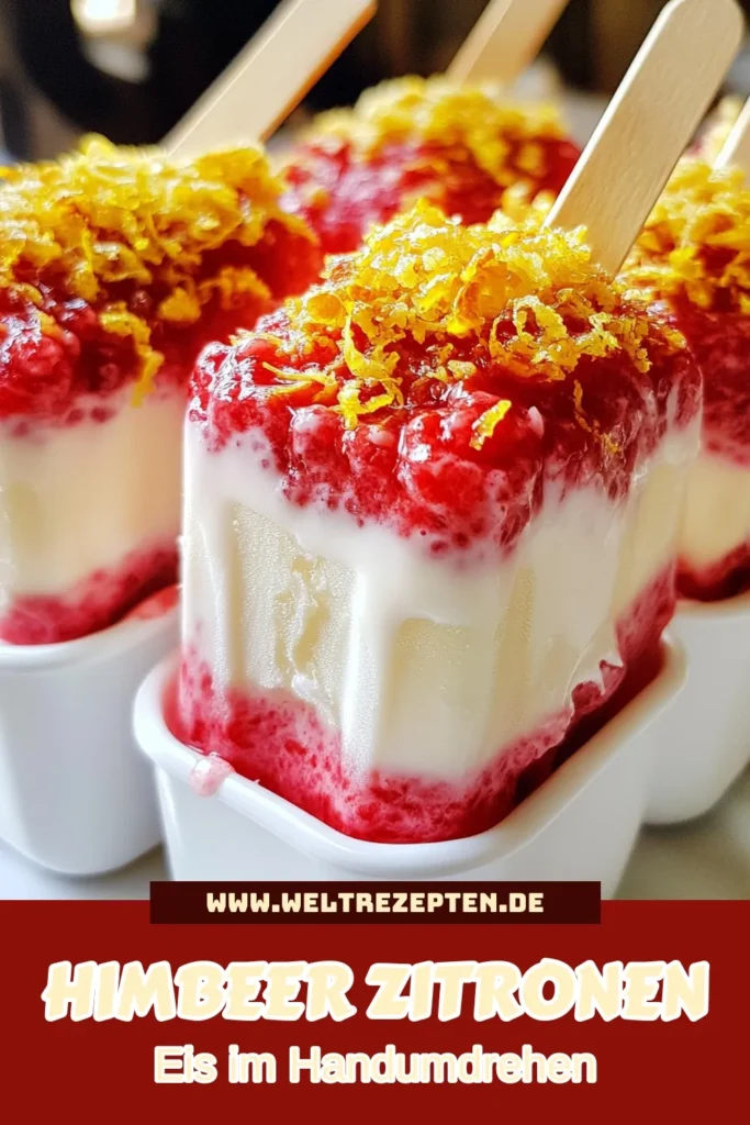 Entdecken Sie das erfrischende Rezept für gefrorenes Joghurteis mit Himbeer-Zitronen-Geschmack! Mit frischen Himbeeren und cremigem Zitronenjoghurt kreieren Sie leckeres Himbeer Zitronen Eis am Stiel, ideal für heißen Sommertage. Perfekt für gesunde Naschereien! Folgen Sie der einfachen Zubereitung Joghurt Eis und genießen Sie dieses gesunde Eis Rezept. Versuchen Sie es jetzt und speichern Sie dieses Rezept! #Eisrezepte #HimbeerLeckerbissen #SommerGenuss #GesundeDesserts