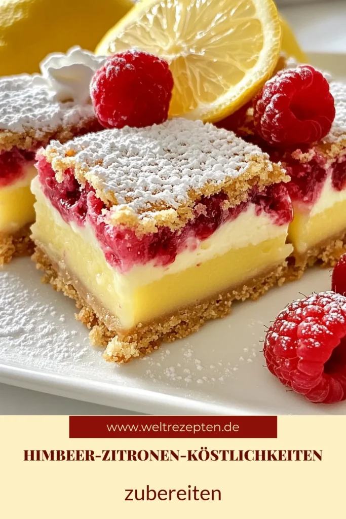 Entdecken Sie das köstliche Rezept für Himbeer-Zitronen-Bars, die perfekte Kombination aus süß und sauer! Diese einfachen Backrezepte sind ideal für jeden Anlass und ein unwiderstehliches Himbeer-Dessert. Mit frischen Himbeeren und spritziger Zitrone sind diese süßen Zitronenbars ein Genuss! Probieren Sie unser Rezept für Himbeer-Zitronen-Bars und verwöhnen Sie Ihre Gäste! Speichern und teilen Sie dieses Rezept! #HimbeerZitronenBars #Backen #DessertRezepte #EinfacheRezepte