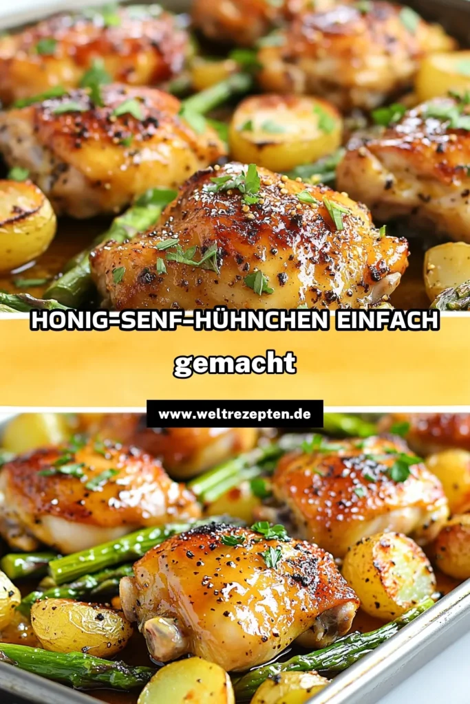 Entdecken Sie das perfekte Rezept für Honig-Senf-Hühnchen vom Blech! Dieses einfache Hühnchenrezept vereint saftige Hühneroberkeulen und aromatisches Gemüse auf einem Blech. Mit einer köstlichen Dijon-Senf Marinade wird jedes Essen zum Gaumenschmaus. Ideal für stressfreie Ofengerichte mit Gemüse! Lassen Sie sich von diesem Gericht inspirieren und speichern Sie es für Ihr nächstes Dinner! #HonigSenfHühnchen #HühnchenVomBlech #EinfachEssen #Ofengericht