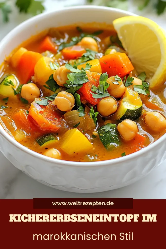 Entdecke diesen köstlichen Kichererbseneintopf mit einem marokkanischen Rezept, das perfekt für vegetarische Eintopfgerichte ist. Vollgepackt mit gesunden Eintopfrezepte-Zutaten wie Kichererbsen, Gemüse und aromatischen Gewürzen ist dieser Eintopf nicht nur nahrhaft, sondern auch einfach zuzubereiten. Probiere es aus und verwöhne dich mit gesunder, pflanzlicher Küche! Speichere das Rezept für später! #Kichererbseneintopf #MarokkanischesRezept #GesundeEintopfrezepte #VegetarischeEintopfgerichte