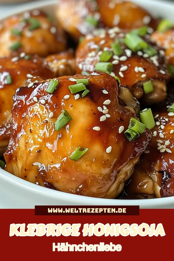 Entdecke das köstliche Rezept für Honig-Soja-Hähnchen! Diese klebrigen Hähnchenschenkel sind ein ideales Ofen Hähnchen Rezept für jeden Anlass. Mit einer einfachen asiatischen Marinade aus Sojasauce, Honig, Ingwer und mehr marinierst du das Hähnchen für unvergleichlichen Geschmack. Perfekt für Familienessen oder schnelle Abendmahlzeiten. Probiere es aus und überzeuge dich selbst! #HonigSojaHähnchen #KlebrigeHähnchenschenkel #EinfacheHähnchenrezepte #AsiatischeMarinadeHähnchen