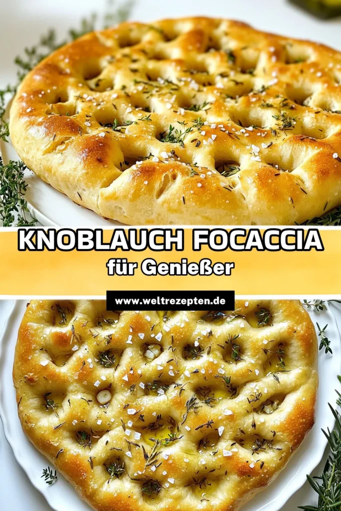 Entdecke das Rezept für köstliches Knoblauch-Kräuter-Focaccia-Brot, das einfach zuzubereiten ist und perfekt als Snack oder Beilage passt. Mit frischem Rosmarin, Thymian und aromatischem Knoblauch belegst du ein luftiges Brot, das jeden begeistert. Lass dich von dieser einfachen Anleitung inspirieren und genieße den köstlichen Duft frisch gebackenen Brotes. Klicke jetzt, um das vollständige Rezept zu erkunden! #Focaccia #Brotbacken #Knoblauch #Kräuterbrot
