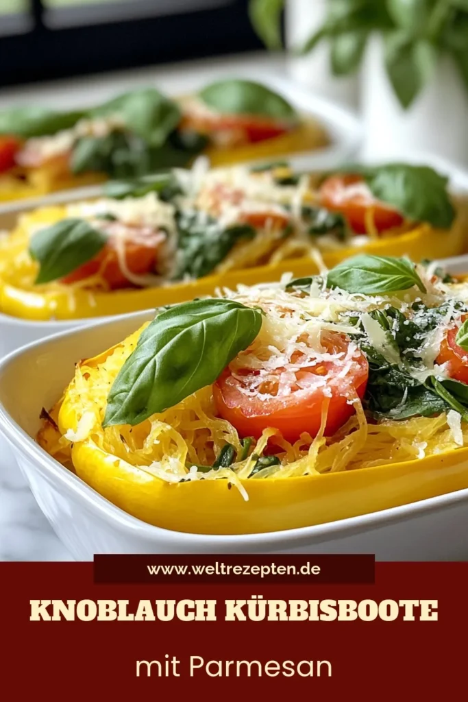 Entdecken Sie dieses köstliche Knoblauch Parmesan Spaghetti Rezept! Diese gefüllten Kürbisboote sind nicht nur ein Genuss, sondern auch ein gesundes Pasta Gericht, das italienische Kürbisgerichte neu definiert. Mit Spaghetti Kürbis, frischem Spinat und saftigen Kirschtomaten wird jedes Mittag- oder Abendessen zu einem Highlight. Perfekt für eine gesunde Ernährung! Probieren Sie es aus und speichern Sie das Rezept! #gesundessen #Kürbisrezepte #PastaLovers #italienischgerichte