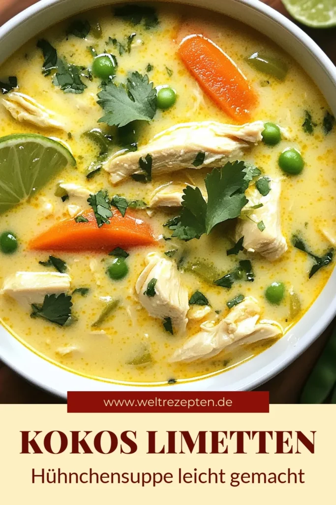 Entdecke das köstliche Rezept für Kokos-Limetten-Suppe, eine gesunde Hühnchensuppe mit Kokosmilch, die asiatische Aromen vereint. Diese einfache und nahrhafte Hühnchensuppe ist perfekt für jede Gelegenheit. Mit frischem Gemüse, aromatischem Ingwer und einem Spritzer Limette ist sie ein Genuss. Probiere es aus und bringe frischen Wind in deine Suppenküche! Speichern und ausprobieren! #KokosLimettenSuppe #Hühnchensuppe #GesundeRezepte #AsiatischeKüche