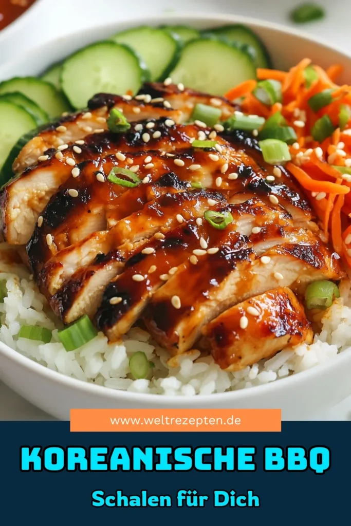 Entdecke die köstlichen koreanischen BBQ Hähnchen Schalen mit unserem einfachen Hähnchen Schalen Rezept! Saftige Hähnchenschenkel mariniert in einer würzigen Gochujang Rezept, serviert auf duftendem Jasminreis. Perfekt für ein schnelles Abendessen oder als asiatische Grillrezepte für deine nächste Zusammenkunft. Probiere es aus und genieße den intensiven Geschmack! Lass dich inspirieren! #KoreanischesBBQ #HähnchenSchalen #Gochujang #JasminreisBowl