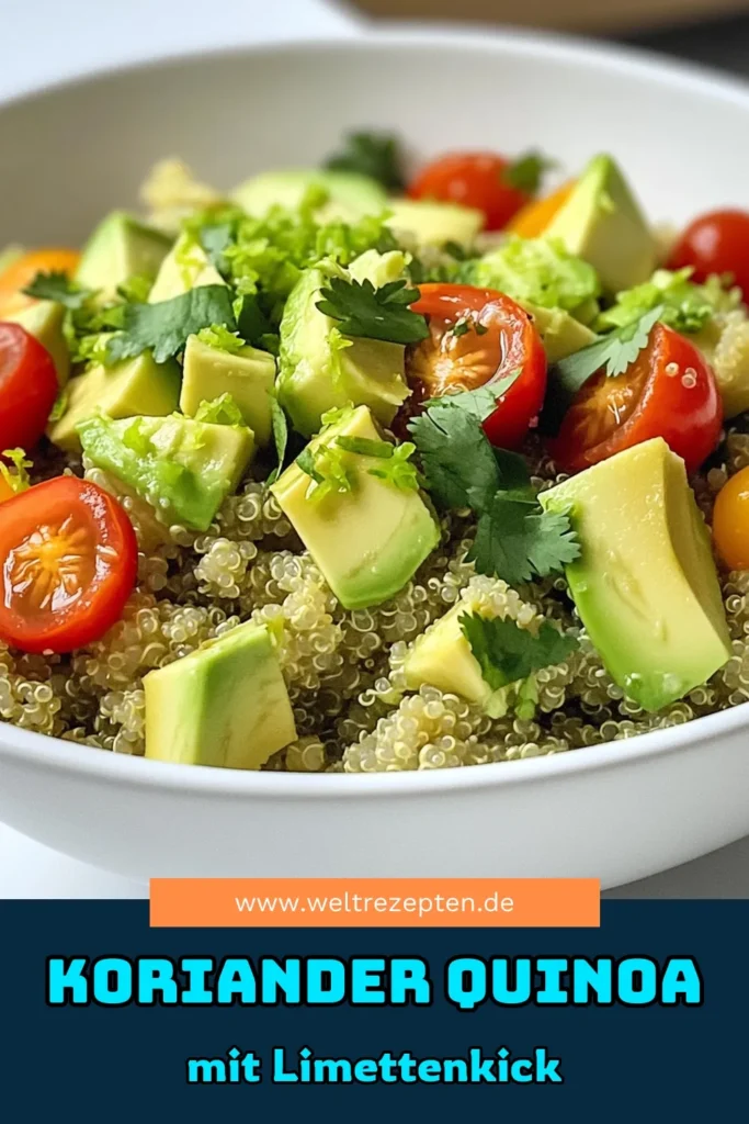 Entdecke das frische Rezept für Koriander-Limetten-Quinoa, das einfach zuzubereiten und unglaublich lecker ist! Dieses Gericht kombiniert nahrhafte Quinoa mit frischem Koriander, spritziger Limette und bunten Garnituren wie Avocado und Cherrytomaten. Perfekt als Beilage oder leichtes Hauptgericht. Klicke jetzt, um das vollständige Rezept zu sehen und deine nächste Mahlzeit aufzupeppen! #KorianderLimettenQuinoa #QuinoaRezept #GesundeErnährung #SchnelleRezepte