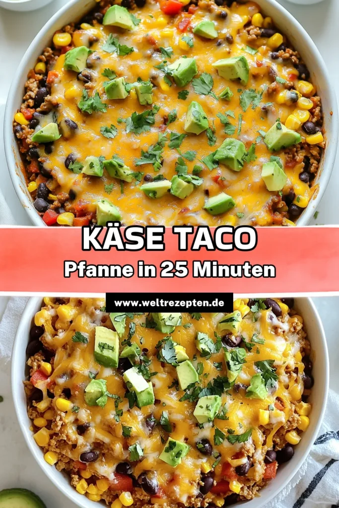 Entdecke die perfekte Käse Taco Pfanne mit unserem schnellen Fiesta Taco Rezept! Diese köstliche gemahlene Fleisch Pfanne vereint saftiges Fleisch, schwarze Bohnen, Mais und frisch gewürfelte Tomaten, gekrönt von schmelzendem Käse. Ideal für Dinner oder als Party-Gericht! Probiere es aus und garniere mit frischem Koriander für das ultimative Taco-Erlebnis. Speichere das Rezept für dein nächstes Abendessen! #KäseTacoPfanne #FiestaTacoRezept #schnelleTacoPfanne #KorianderTacoGericht