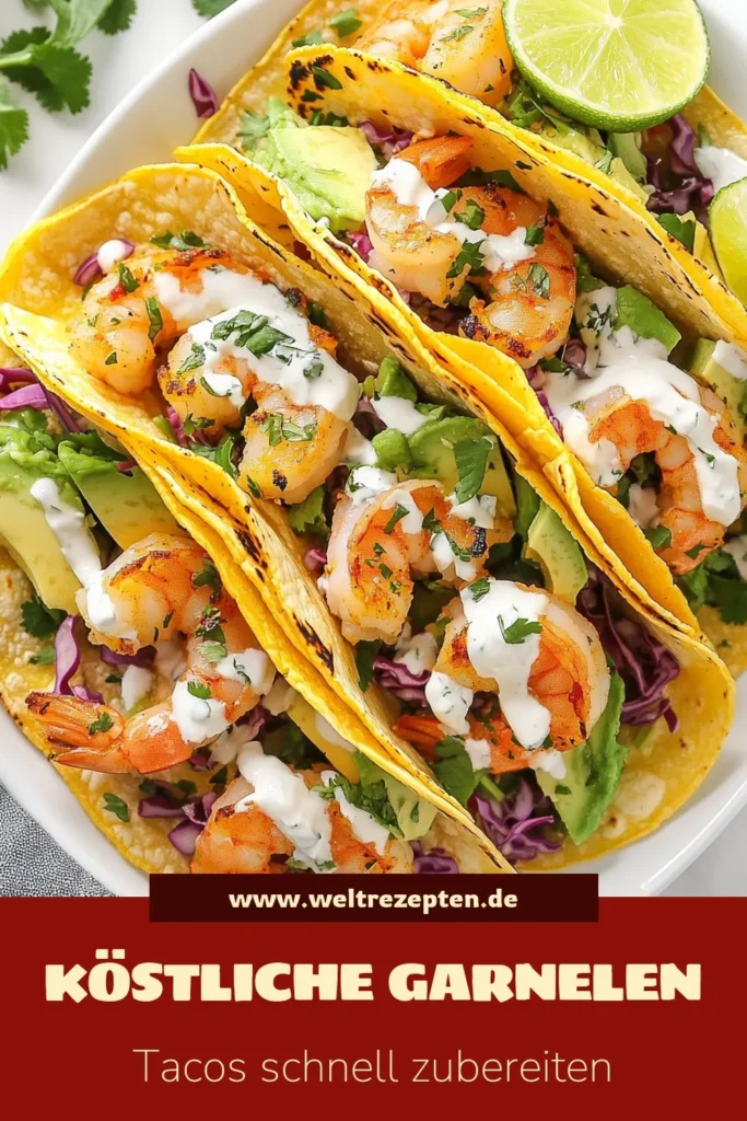 Entdecken Sie unser köstliches Garnelen Taco Rezept mit Koriander Limetten Garnelen Tacos! Diese würzigen Meeresfrüchte Tacos sind perfekt für jeden Anlass und werden auf frischen Maistortillas serviert. Mit saftigen Garnelen, aromatischem Koriander und einer leckeren Kombination aus Limetten und Gewürzen erhalten Sie ein mexikanisches Geschmackserlebnis der Extraklasse. Bereiten Sie diese Tacos schnell zu und beeindrucken Sie Ihre Gäste! Teilen und speichern Sie dieses Rezept für Ihren nächsten Taco-Abend. #GarnelenTacos #MexikanischeKüche #Koriander #TacoRezept