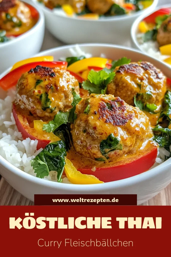 Entdecken Sie unser Rezept für köstliche Thai Rote Curry-Fleischbällchen! Diese zarten Fleischbällchen aus gemahlenem Hähnchen und Panko Semmelbröseln sind in einer reichhaltigen Kokosmilch-Currysoße zubereitet. Ideal für asiatische Currygerichte und ein perfektes Abendessen! Lassen Sie sich von diesen aromatischen Aromen verführen und probieren Sie es selbst aus! Speichern Sie das Rezept für später! #ThaiCurry #Fleischbällchen #Kochrezepte #Kokosmilch