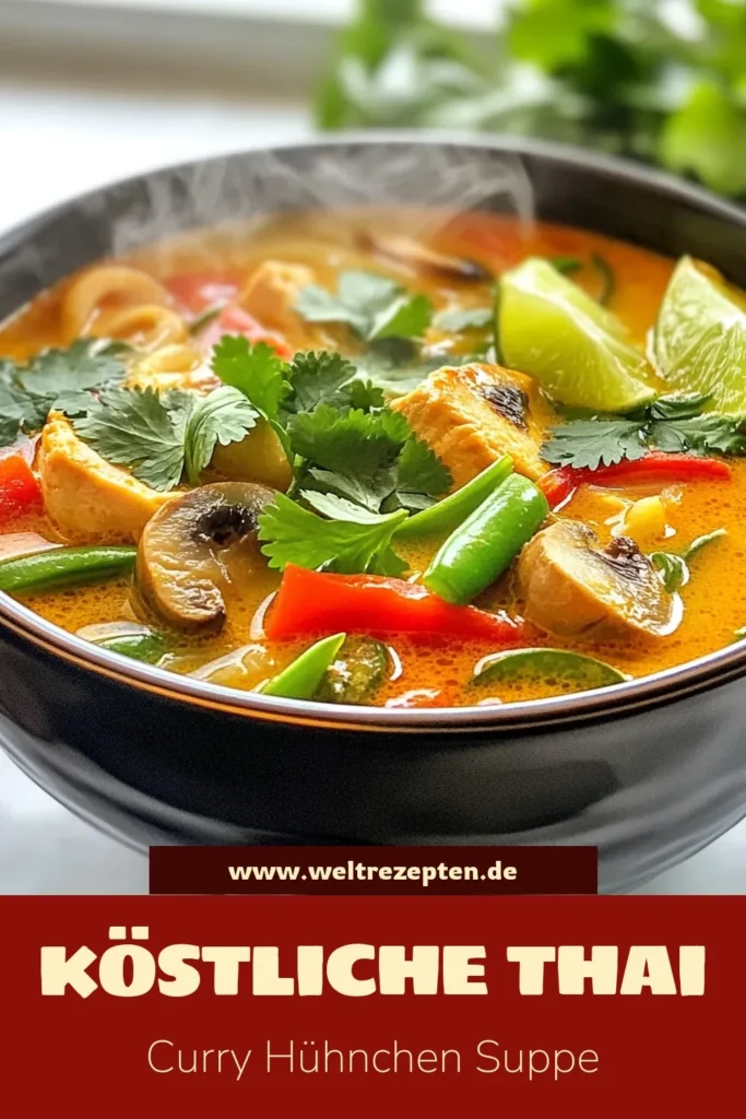 Entdecken Sie dieses köstliche Thai Hühnersuppe Rezept – eine perfekte Kombination aus Aromen und gesunden Zutaten. Diese rote Curry Suppe mit cremiger Kokosmilch ist nicht nur einfach zuzubereiten, sondern auch ideal für asiatische Rezeptideen. Genießen Sie eine gesunde Suppe, die Ihre Geschmacksknospen verwöhnt. Probieren Sie es aus und lassen Sie sich von den Aromen verzaubern. Speichern Sie dieses Rezept! #ThaiHühnersuppe #RoteCurrySuppe #KokosmilchSuppe #GesundeSuppe