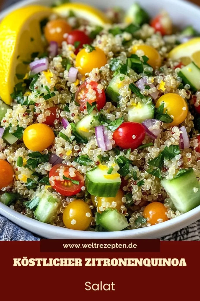 Entdecke dieses erfrischende Rezept für Zitronen-Tahini-Salat! Dieser köstliche Quinoa-Salat Rezept ist nicht nur einfach zuzubereiten, sondern auch perfekt für gesunde Salate und vegetarische Quinoa Rezepte. Mit frischem Gemüse und einem cremigen Tahini-Dressing ist dieser mediterrane Salat eine wahre Gaumenfreude. Probiere es aus und genieße gesunde Ernährung! Speichere dieses Rezept für deinen nächsten Salat-Moment! #ZitronenTahiniSalat #QuinoaSalatRezept #GesundeSalate #VegetarischeQuinoaRezepte