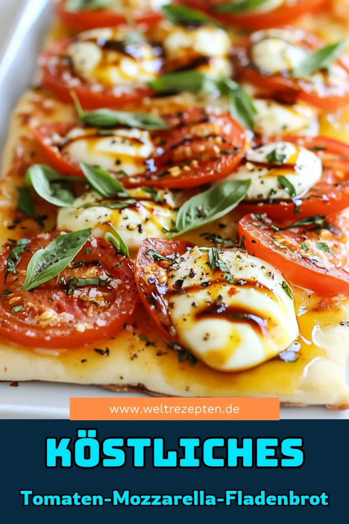 Entdecken Sie unser köstliches Rezept für Fladenbrot mit Tomaten, Mozzarella und frischem Basilikum — das perfekte italienische Fladenbrot für Vegetarier! Dieses schnelle und einfache vegetarische Pizzarezept bringt den Geschmack Italiens direkt in Ihre Küche. Ideal als Snack oder Vorspeise! Nehmen Sie sich 25 Minuten Zeit und genießen Sie eine knusprige Delikatesse. Jetzt ausprobieren und speichern! #Fladenbrot #MozzarellaRezept #Basilikum #Vegetarisch