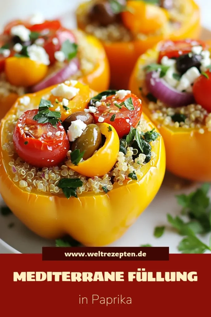 Entdecken Sie unser köstliches Rezept für gefüllte Paprika! Diese Quinoa gefüllte Paprika bringt die mediterrane Küche direkt auf Ihren Tisch. Mit einer gesunden Paprika Füllung aus frischen Zutaten ist dieses vegetarische Abendessen nicht nur nahrhaft, sondern auch einfach zuzubereiten. Perfekt für Familienessen oder als Partygericht. Probieren Sie es aus und teilen Sie Ihre Kreationen! #gefülltePaprikaRezept #mediterraneKüche #QuinoaGefülltePaprika #gesundesAbendessen