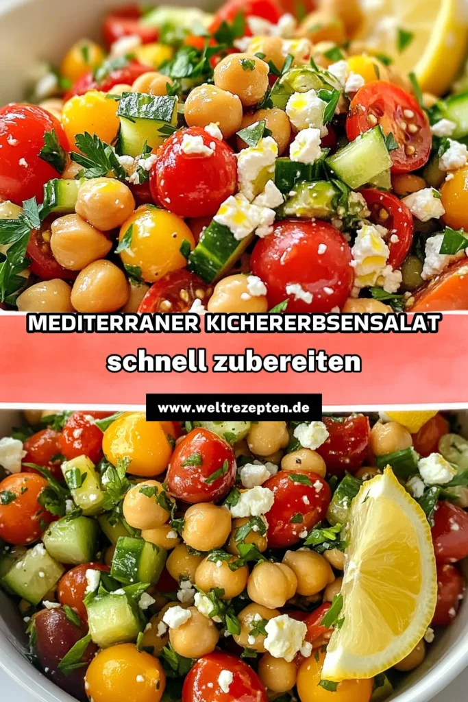 Genießen Sie diesen köstlichen Kichererbsensalat, ideal für schnelle Salatzubereitung und perfekte mediterrane Rezepte! Mit frischen Zutaten wie Kirschtomaten, Gurken, Kalamata-Oliven und zerkrümeltem Feta-Käse ist dieser gesunde Salat nicht nur einfach zuzubereiten, sondern auch ein echter Genuss. Probieren Sie unser Rezept aus und lassen Sie sich von den Aromen verzaubern! #Kichererbsensalat #FetaSalat #GesunderSalat #MediterraneRezepte