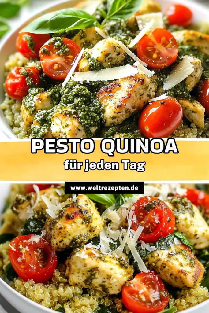 Entdecke das perfekte einfache Hühnchen Rezept mit unserer Pesto Hühnchen Quinoa! Diese gesunde Quinoa Rezepte vereinen Geschmack und Nährstoffe in einer schnellen Pesto Gerichte. In nur 30 Minuten zauberst du ein leichtes Abendessen Rezept für die ganze Familie. Probiere es aus und genieße die Kombination aus Hühnchen, Quinoa, frischem Spinat und köstlichem Basilikum-Pesto. Speichere dieses Rezept für deine nächste Mahlzeit! #Quinoa #Hühnchen #Pesto #Abendessen