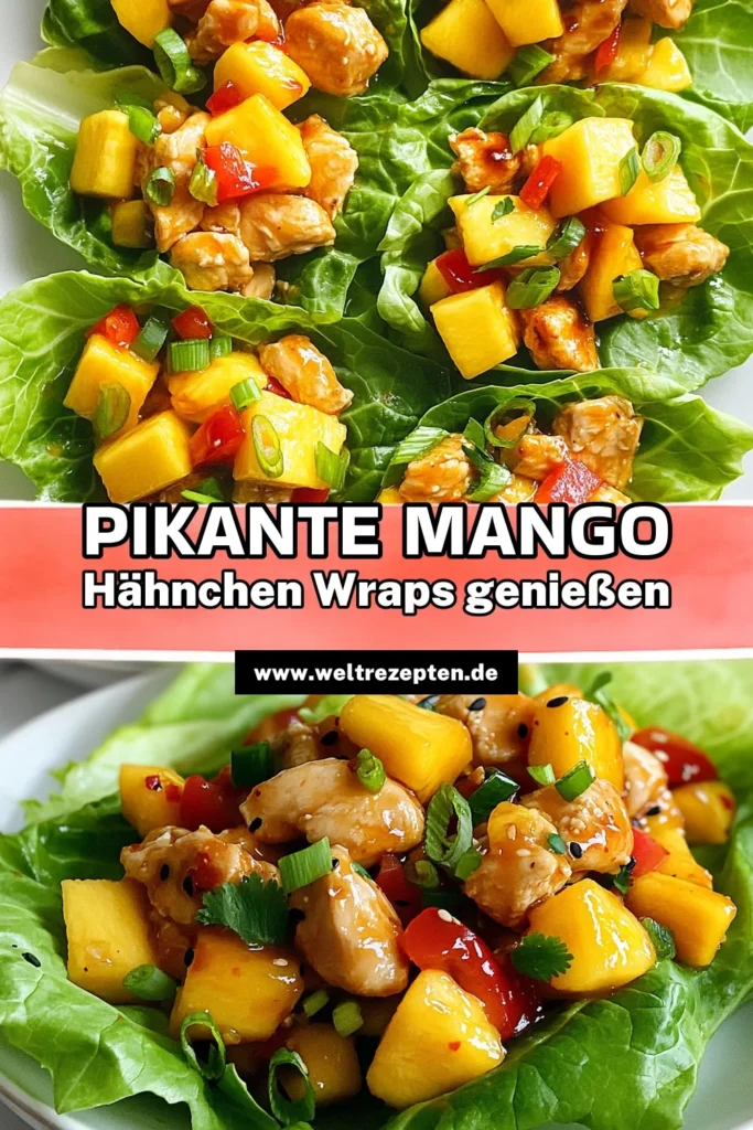 Entdecke dieses köstliche Mango Hühnchen Rezept mit pikanten Wraps, die perfekt für ein gesundes Hühnchen Mittagessen sind! Diese Salat Wraps Rezept kombiniert zartes Hähnchen mit frischer Mango und asiatischen Aromen. Ideal für ein schnelles und leckeres Mittagessen. Spare dir die Kalorien und genieße den Geschmack! Probiere es aus und teile deine Version! #MangoHühnchen #PikanteWraps #GesundesHühnchen #AsiatischeHühnchengerichte