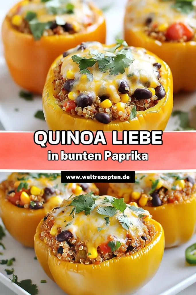 Entdecken Sie dieses köstliche gefüllte Paprika Rezept mit einer gesunden Paprika Füllung aus Southwest Quinoa! Diese vegane gefüllte Paprika ist nicht nur nahrhaft, sondern auch einfach zuzubereiten. Ideal als Quinoa Gericht vegetarisch, das Freunde und Familie begeistern wird. Lassen Sie sich von den Aromen überraschen! Speichern Sie das Rezept für Ihr nächstes Abendessen! #VeganeRezepte #GesundeKüche #PaprikaRezept #QuinoaGericht