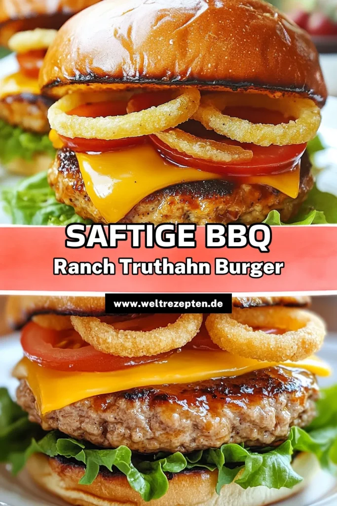 Entdecke das köstliche Truthahn Burger Rezept mit BBQ Ranch Geschmack! Diese gesunden Burger Ideen sind perfekt für dein nächstes Grillfest. In nur 30 Minuten zauberst du einfache Grillrezepte, die Familie und Freunde begeistern. Verwende frisches Truthahnfleisch und genießen Sie die perfekte Zubereitung für saftige BBQ Ranch Burger. Probiere das Rezept aus und teile deine Kreationen! #TruthahnBurgerRezept #BBQRanchBurger #GesundeBurgerIdeen #EinfacheGrillrezepte
