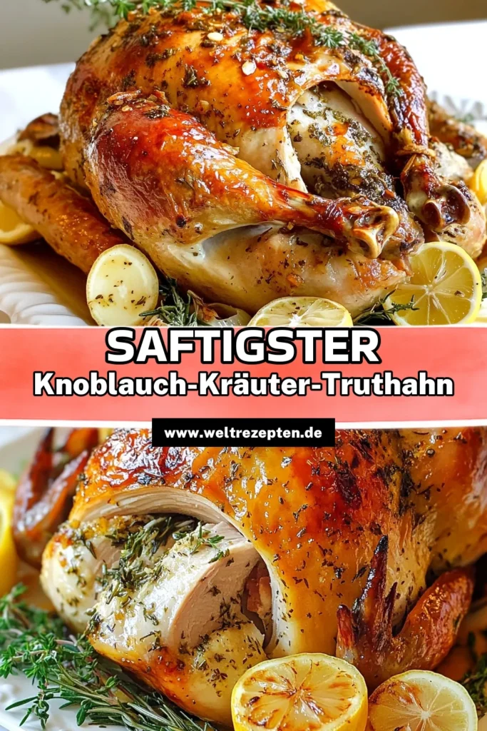 Entdecke das perfekte Rezept für Knoblauch-Kräuter-Roasttruthahn, ideal für deinen Festtagsbraten! Saftig und aromatisch, sorgt unser Truthahn Rezept mit einer köstlichen Kräuter Butter Mischung für ein Geschmackserlebnis. Lerne, wie du dein Geflügel braten kannst, um deine Familie zu beeindrucken. Probiere es aus und teile deine Kreation! #Truthahn #Geflügel #Festtagsbraten #KochenMitLiebe