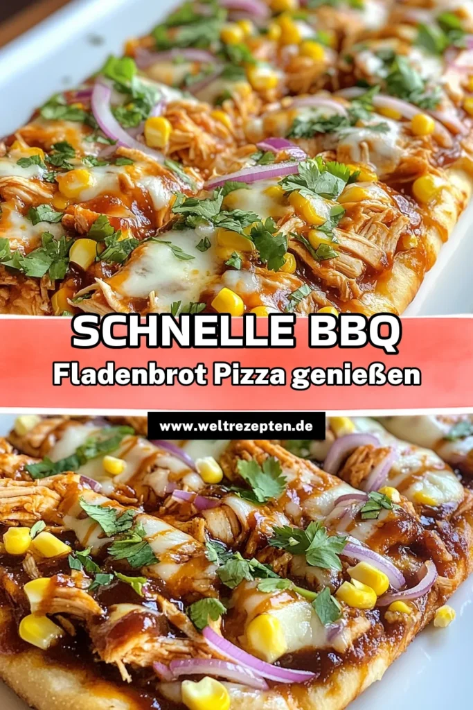 Entdecken Sie das leckere BBQ Hühnchen Pizza Rezept, das Ihre Geschmacksknospen verwöhnen wird! Diese schnelle Pizza mit Hühnchen auf Fladenbrot ist perfekt für ein einfaches Abendessen oder eine Party. Mit zartem Rotisserie-Hühnchen, geschmolzenem Käse und frischen Zutaten wird diese BBQ Fladenbrot Pizza die ganze Familie begeistern. Probieren Sie es aus und teilen Sie es mit Freunden! #BBQHühnchenPizza #FladenbrotPizzaRezept #schnellePizzaMitHühnchen #HühnchenFladenbrotGericht
