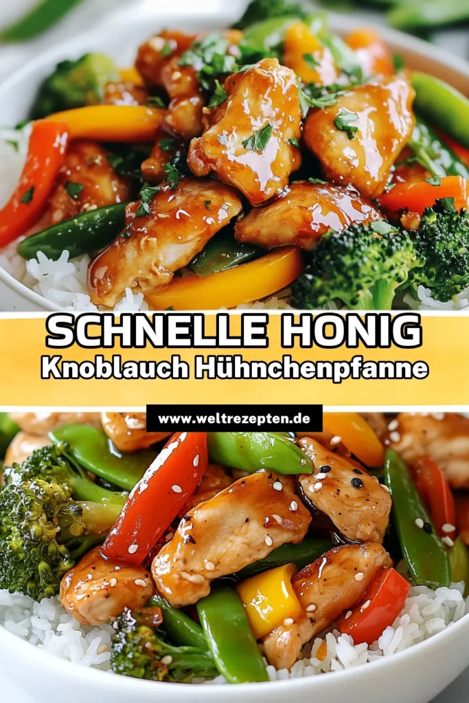 Entdecke das einfache und köstliche Honig-Knoblauch-Hühnchen Rezept! Diese Hühnchenpfanne ist perfekt für eine gesunde Mahlzeit mit Gemüse. In nur 25 Minuten zauberst du dieses asiatische Hühnchengericht, das mit einer süßen Soße überzeugt. Ideal für ein schnelles Abendessen. Spare dir das Rezept und überrasche deine Familie! #HonigKnoblauchHühnchen #HühnchenpfanneRezept #asiatischeHühnchengerichte #einfachesHühnchenRezept