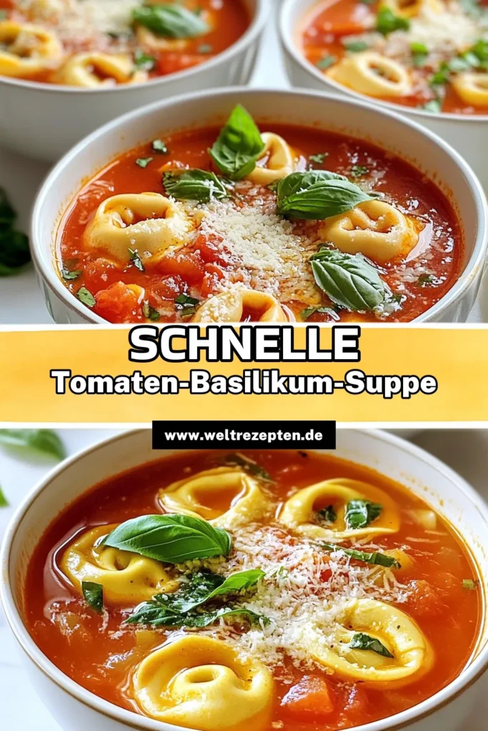 Entdecken Sie dieses supereinfaches Rezept für Tortellini mit unserer köstlichen Tomaten-Basilikum-Tortellini-Suppe! Diese einfache Tortellini-Suppe kombiniert frische Zutaten wie Basilikum und Tomaten für eine schnelle italienische Suppe, die perfekt für jede Gelegenheit ist. Ideal für Veggies und alle, die nach einer geschmackvollen, schnellen Mahlzeit suchen. Probieren Sie es aus und genießen Sie es heute! #TomatenBasilikum #Tortellini #vegetarisch #Suppe