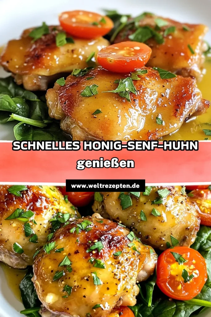 Entdecke das köstliche Honig-Senf-Hühnchen aus der Pfanne! Dieses schnelle Hühnchenrezept kombiniert zarte Hähnchenschenkel mit einer verführerischen Honig-Senf-Sauce, frischen Kirschtomaten und Spinat. Perfekt für ein gesundes Hühnchengericht, das in nur 30 Minuten zubereitet ist. Lass dir dieses Pfannengericht Hühnchen nicht entgehen! Jetzt nachkochen und genießen! #HonigSenfHühnchen #schnellesHühnchenrezept #gesundesHühnchengericht #PfannengerichtHühnchen