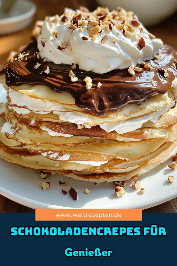 Entdecke die köstliche Welt der Schokoladen-Haselnuss-Crepes-Torte! Dieses Rezept vereint zarte Crepes, schokoladigen Haselnussaufstrich und luftige Schlagsahne zu einem unwiderstehlichen Dessert. Mit einfachen Zutaten wie Mehl, Eiern und Milch ist diese Torte perfekt für besondere Anlässe oder einfach zum Genießen. Klick jetzt für die Schritt-für-Schritt-Anleitung und verwöhne deine Liebsten! #SchokoladenHaselnussCrepes #Dessertliebe #Küchenzauber #Backenmachtglücklich